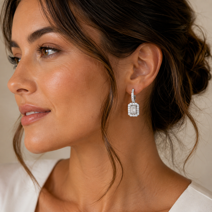 Radiant Halo Emerald Drop Earrings